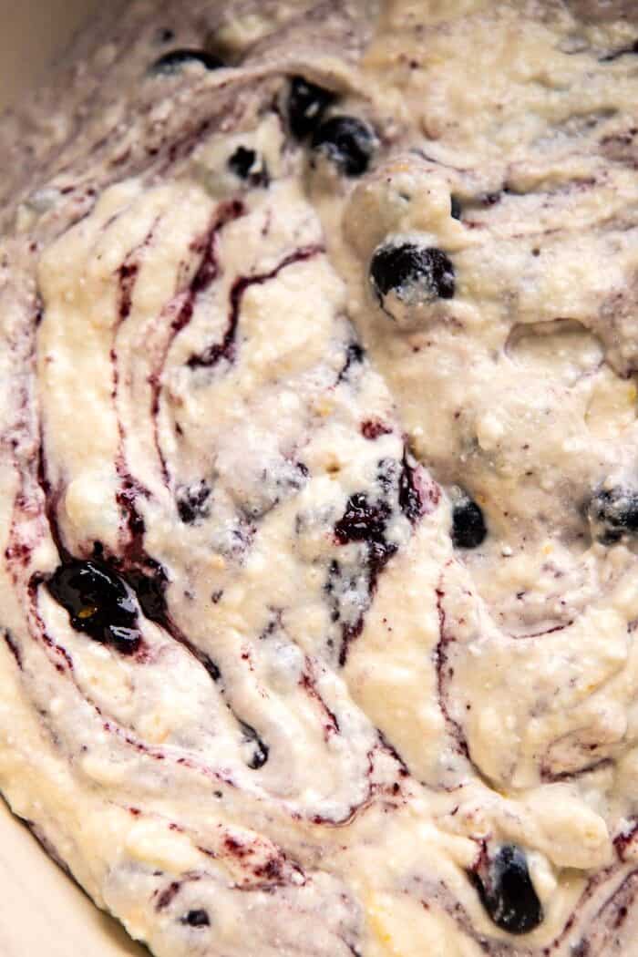 Blueberry Lemon Ricotta Pancake batter in bowl