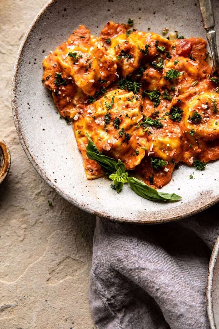 close up photo of Brown Butter Lobster Ravioli with Tomato Cream Sauce