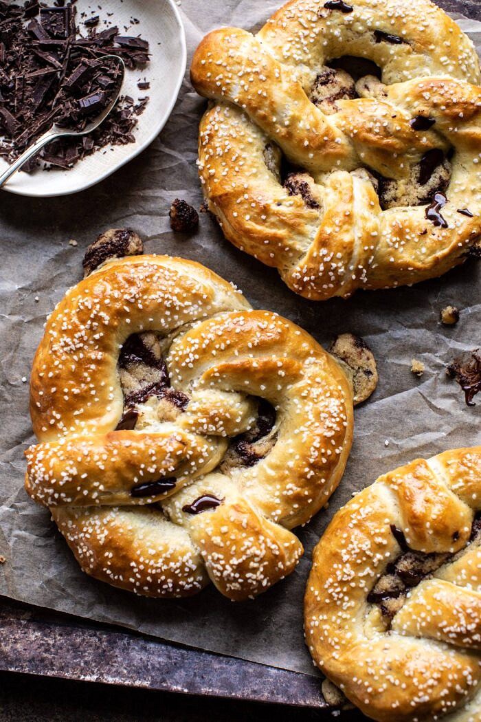 Chocolate Chip Cookie Stuffed Soft Pretzels | halfbakedharvest.com #pretzels #cookies #chocolatechipcookies #dessert #superbowl
