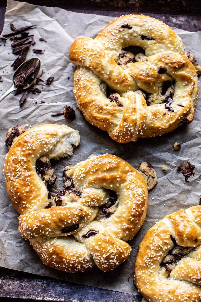 Chocolate Chip Cookie Stuffed Soft Pretzels broken apart 