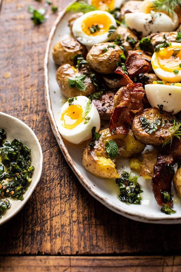 side angled photo of Crispy Breakfast Potatoes with Chili Garlic Oil and Herbs 