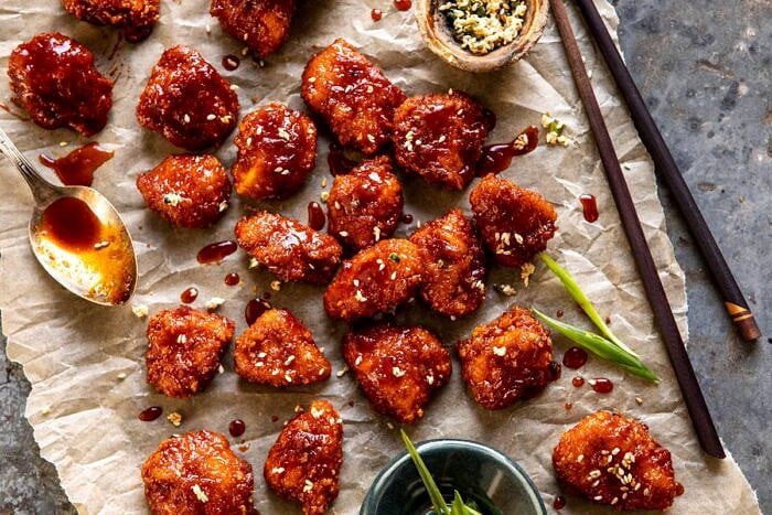horizontal photo of Oven Fried Korean Popcorn Chicken