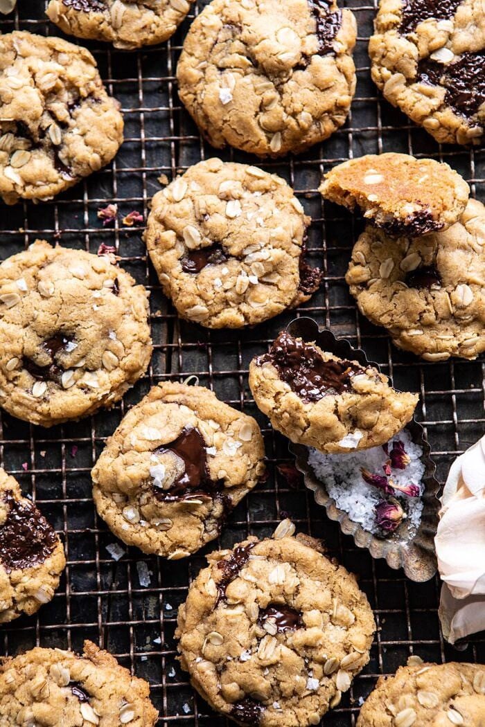 overhead photo of Peanut Butter Chocolate Chunk Oatmeal Cookies 