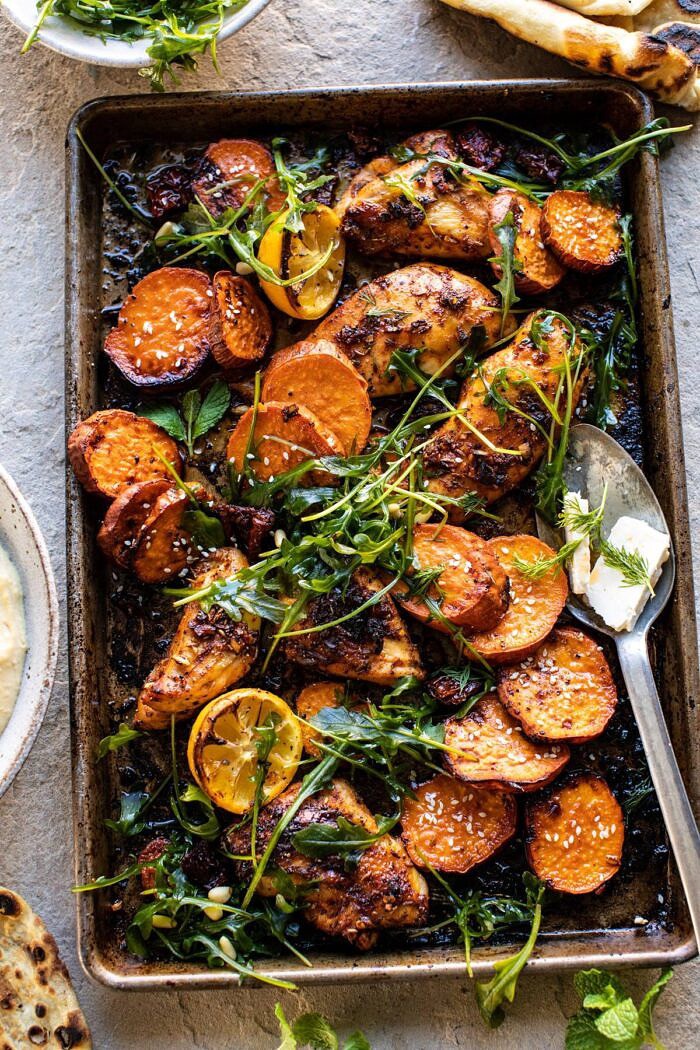 Sheet Pan Chicken Shawarma with Sesame Sweet Potatoes on baking sheet 