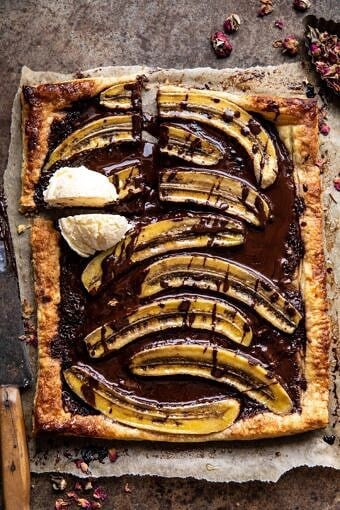 Warm Chocolate Banana Galette | halfbakedharvest.com #banana #chocolate #dessert #easyrecipes #chocolaterecipes #baking