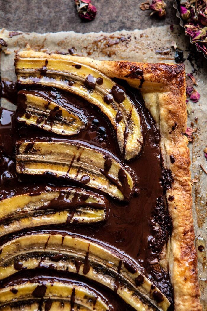 overhead close up photo of Warm Chocolate Banana Galette 