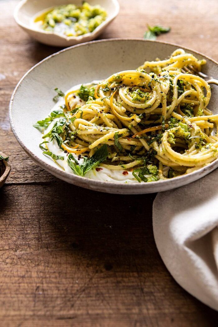 side angle photo of Broccoli Pesto Pasta with Whipped Ricotta