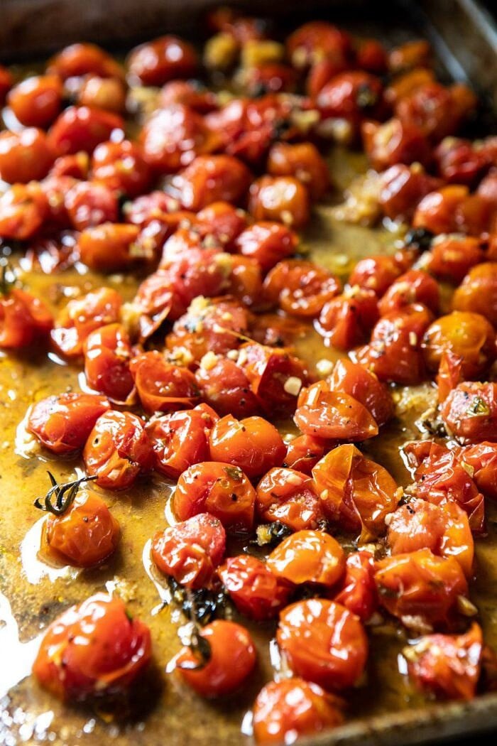 roasted tomatoes on baking sheet 