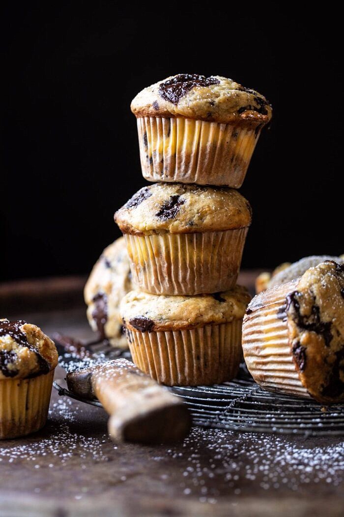 Cheesecake Stuffed Chocolate Chunk Banana Bread Muffins 3 stacked on top of each other