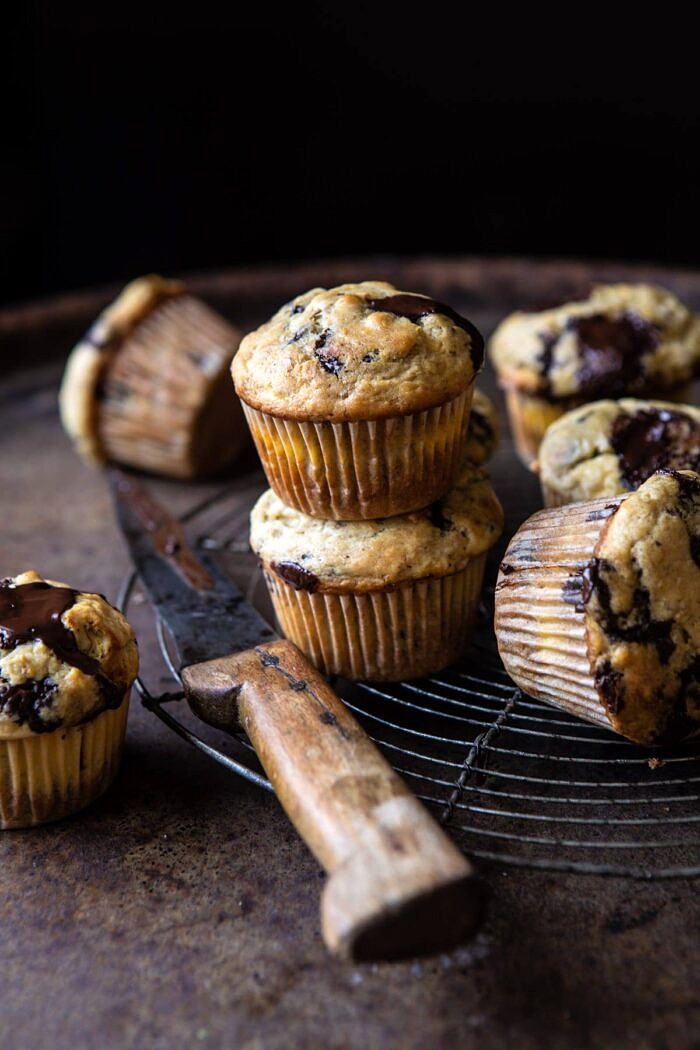 side angled photo of Cheesecake Stuffed Chocolate Chunk Banana Bread Muffins 
