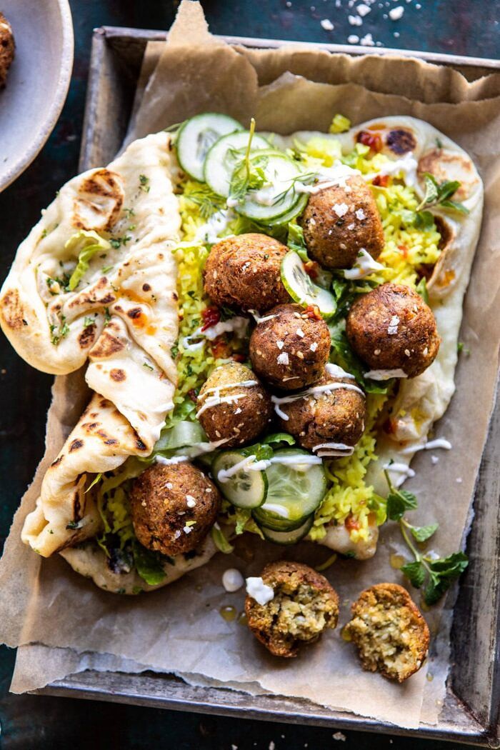 Falafel Naan Wraps with Golden Rice and Special Sauce | halfbakedharvest.com #falafel #wraps #middleeastern #vegan