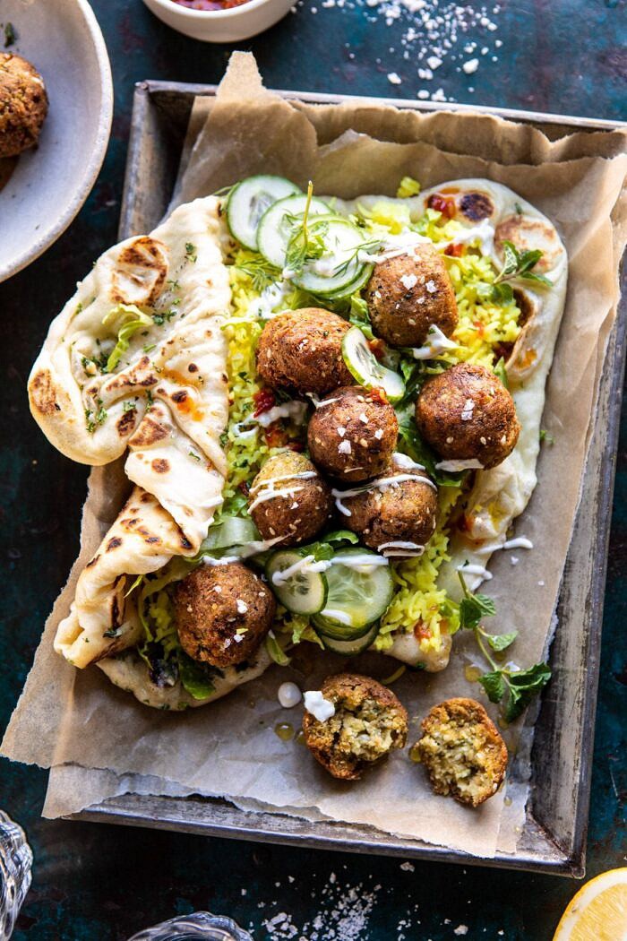 Falafel Naan Wraps with Golden Rice and Special Sauce | halfbakedharvest.com #falafel #wraps #middleeastern #vegan