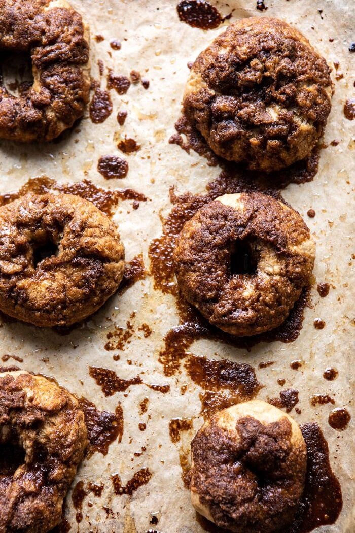 Homemade Cinnamon Crunch Bagels on baking sheet