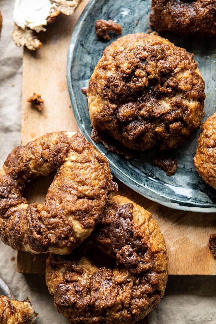 overhead close up photo of Homemade Cinnamon Crunch Bagels