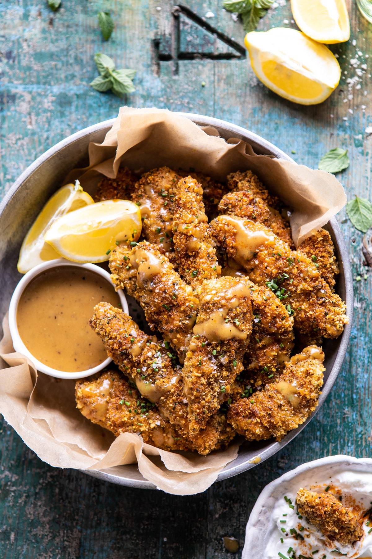 Baked Black Pepper Ranch Chicken Fingers with Honey Mustard | halfbakedharvest.com #chicken #easyrecipes #dinner #chickenfingers