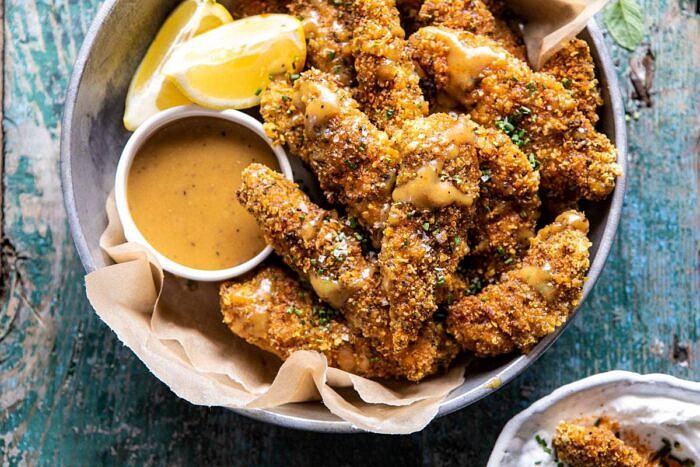 horizontal photo of Baked Black Pepper Ranch Chicken Fingers with Honey Mustard 