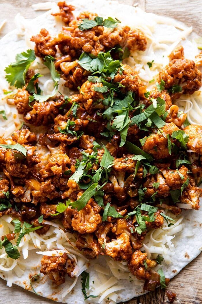 overhead close up photo of Cauliflower Al Pastor Quesadillas before cooking