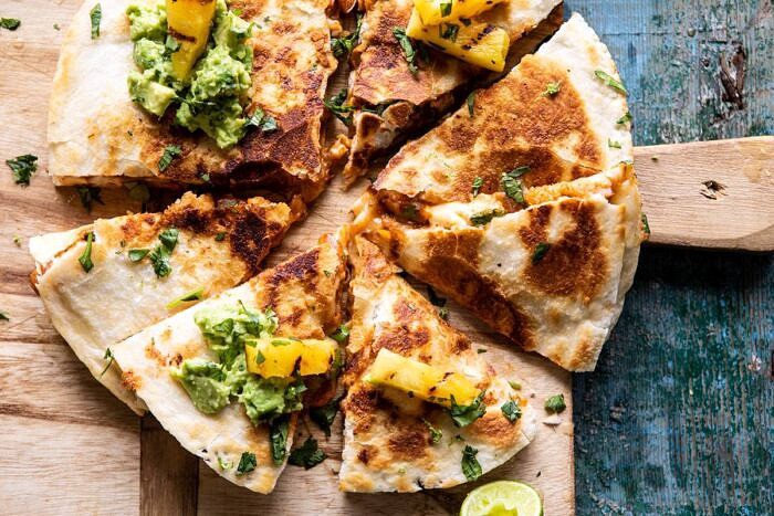 horizontal photo of Cauliflower Al Pastor Quesadillas with Lime Smashed Avocado 