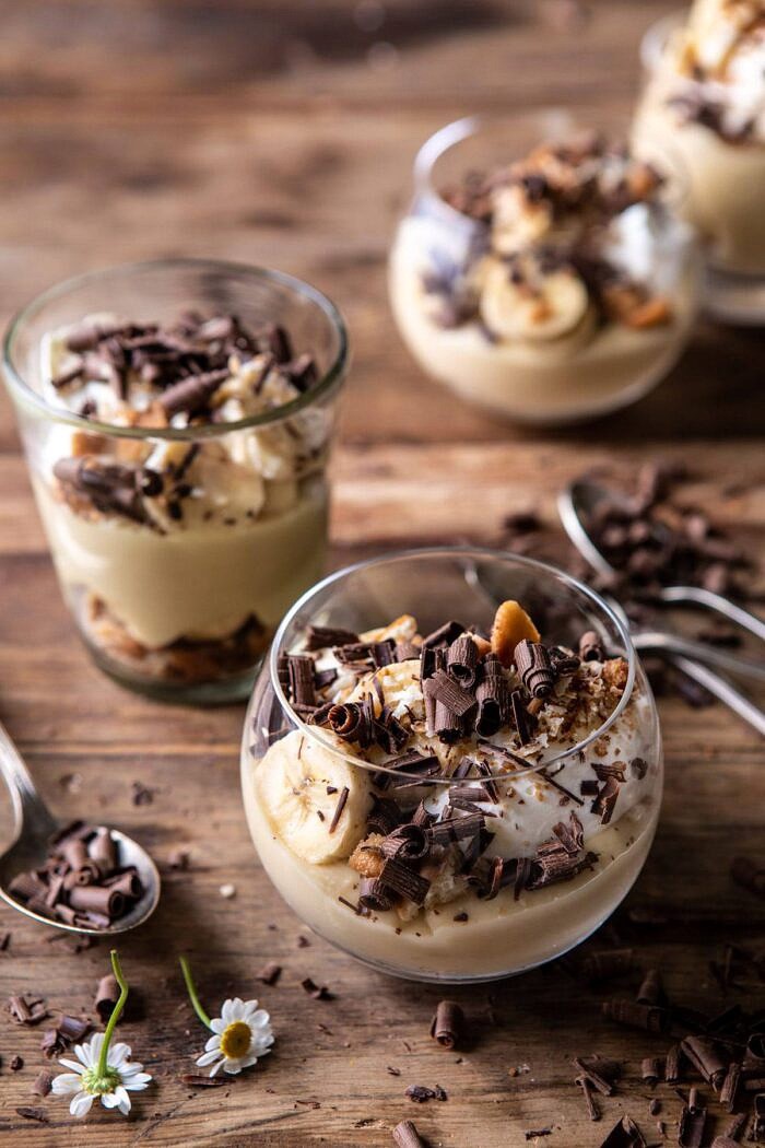 close up overhead photo of of Coconut Banana Cream Pie Parfaits 