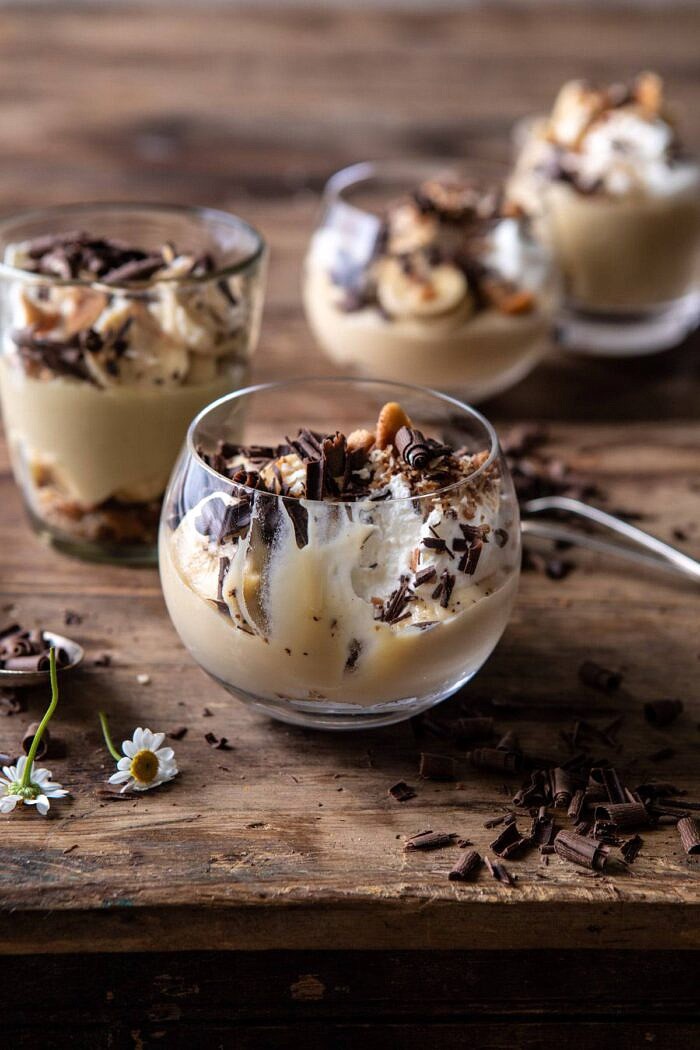 Coconut Banana Cream Pie Parfaits with bite taken out of parfaits 