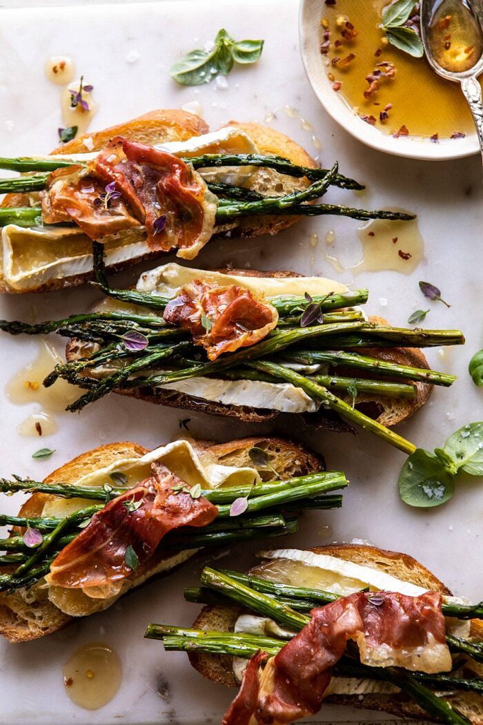 overhead close up photo of Crispy Prosciutto, Asparagus, and Brie Toast