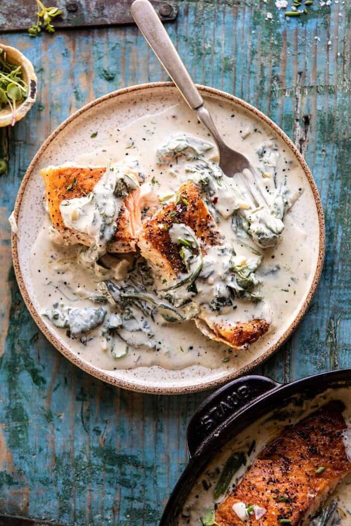 overhead photo of Garlic Butter Creamed Spinach Salmon plate