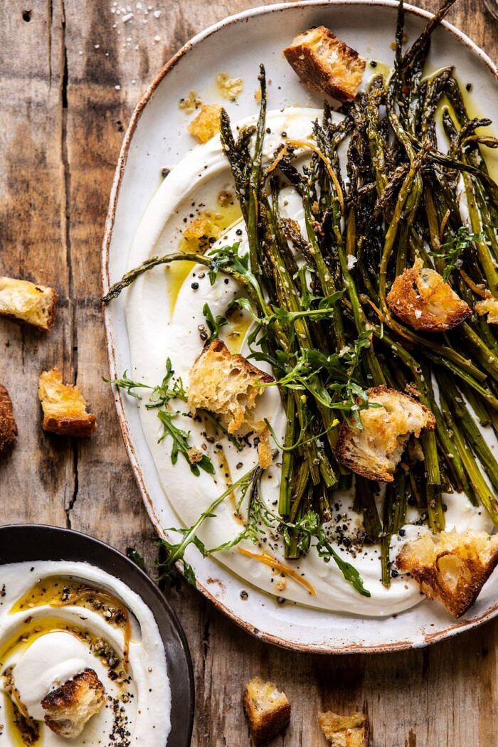 overhead close up photo of Sesame Roasted Asparagus with Whipped Feta 