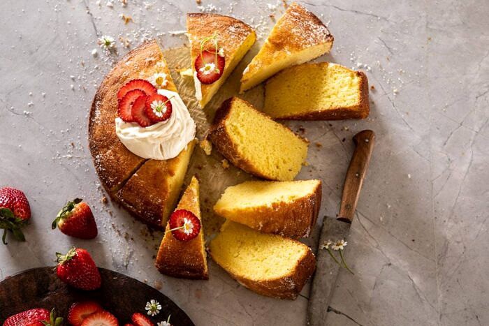 horizontal photo of Strawberry Chamomile Olive Oil Cake with Honeyed Ricotta 