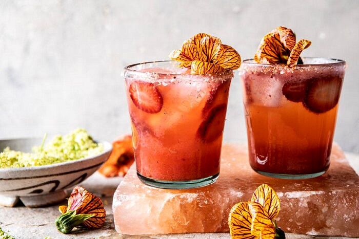 horizontal photo of Strawberry Hibiscus Ginger Margarita 