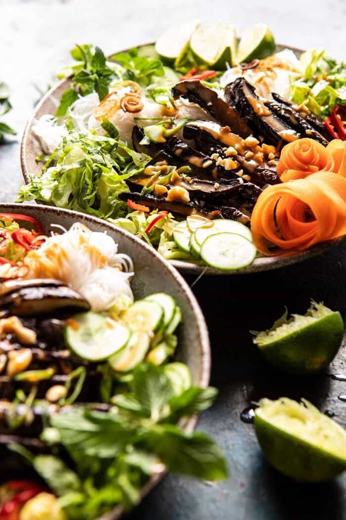 side angled photo of Vietnamese Rice Noodle Salad with Mushrooms and Spicy Peanut Vinaigrette 