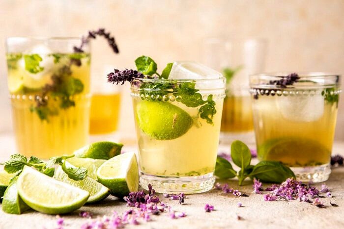 horizontal photo of White Tea and Muddled Basil Mojito 