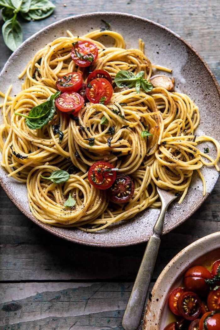 overhead close up photo of 20 Minute Garlic Basil Brown Butter Pasta 