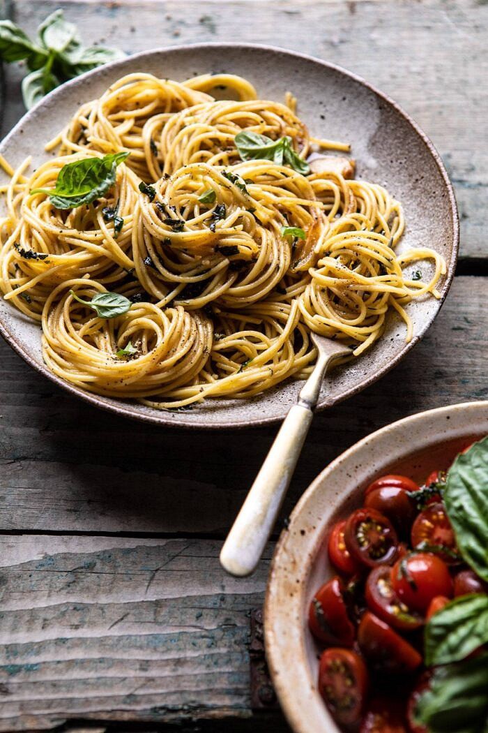side angled photo of 20 Minute Garlic Basil Brown Butter Pasta 