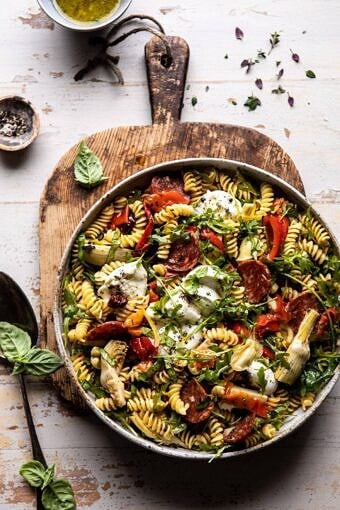 Antipasto Pasta Salad with Herby Parmesan Vinaigrette | halfbakedharvet.com #pasta #easyrecipes #pastasalad #mothersday
