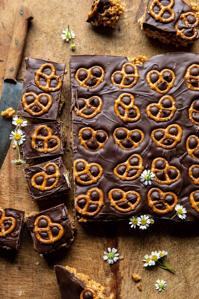 overhead photo of Chocolate Covered Brown Butter Krispie Treats before being cut