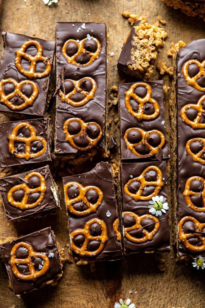 overhead close up photo of Chocolate Covered Brown Butter Krispie Treats