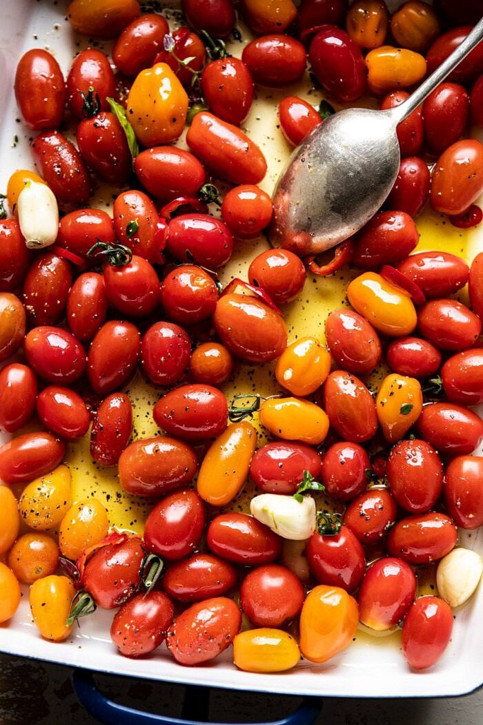 tomatoes in pan before roasting 