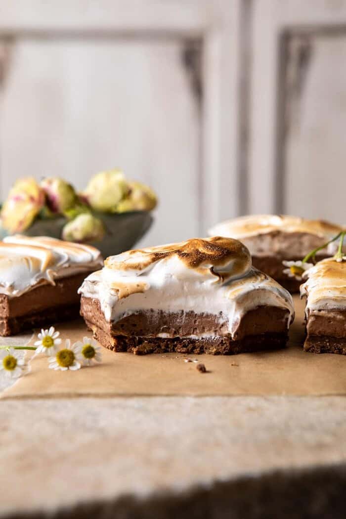 side angled photo of S'mores Chocolate Mousse Bars with bite taken out of bars