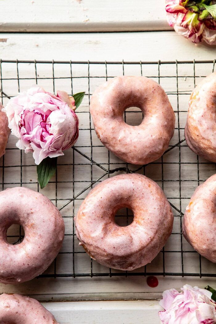 overhead photo of Strawberry Glazed Chai Doughnuts 