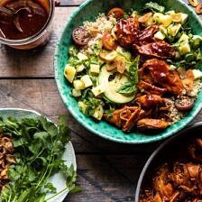 Weeknight Saucy Pineapple BBQ Chicken Bowls | halfbakedharvest.com #chicken #instantpot #slowcooker #pineapple #easyrecipes