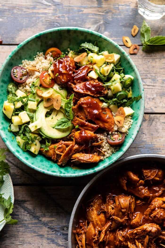 Weeknight Saucy Pineapple BBQ Chicken Bowls | halfbakedharvest.com #chicken #instantpot #slowcooker #pineapple #easyrecipes