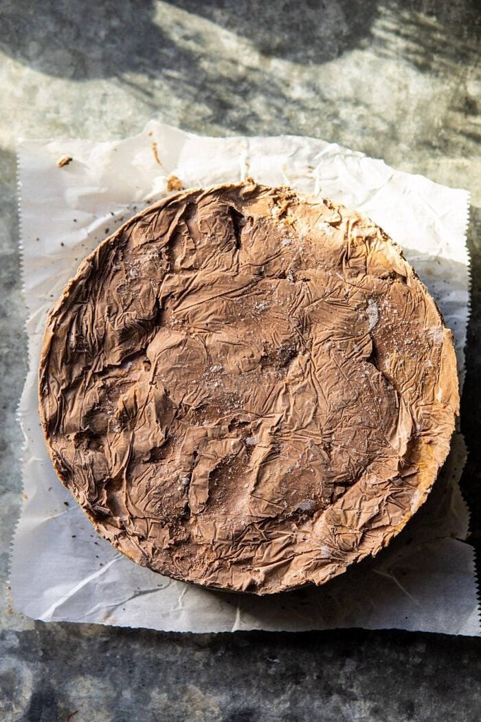 overhead photo of Nonnie's 6 Ingredient Chocolate Peanut Butter Ice Cream Cake before adding chocolate topping