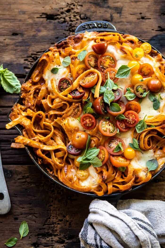 One Pot 30 Minute Creamy Tomato Basil Pasta Bake | halfbakedharvest.com #pasta #summerrecipes #onepot