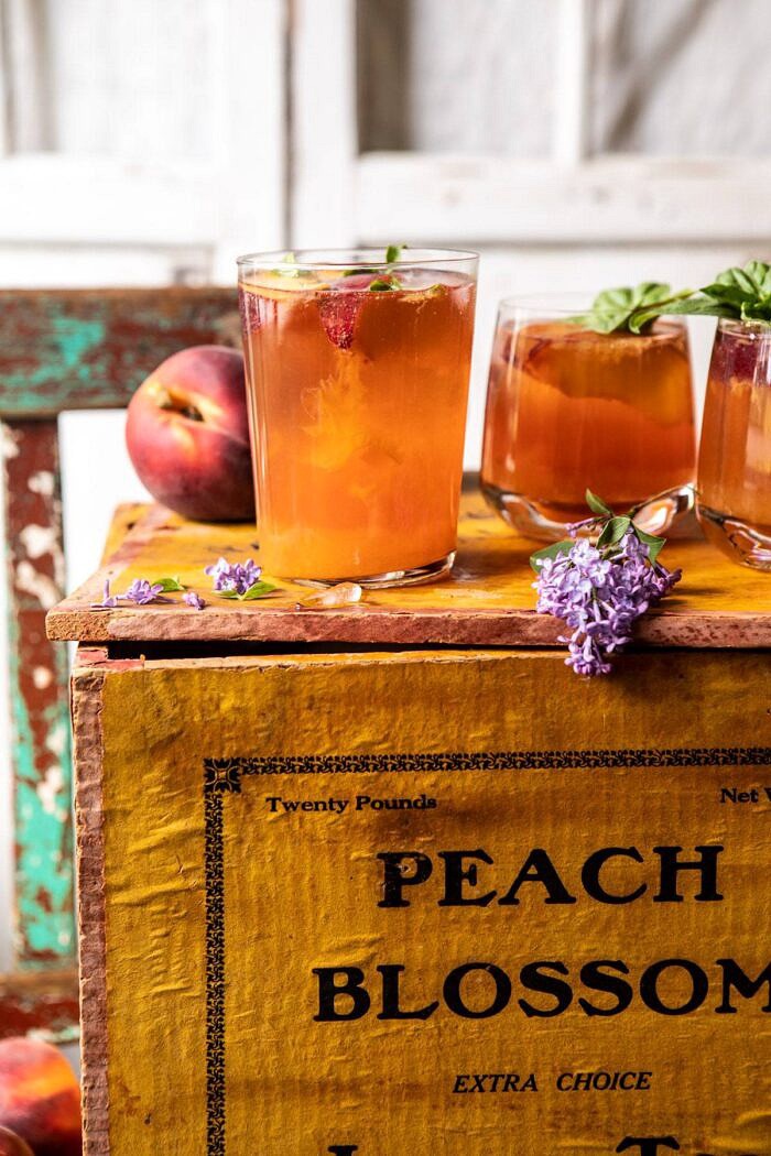 side angled photo of Balsamic Peach Spritz on peach box