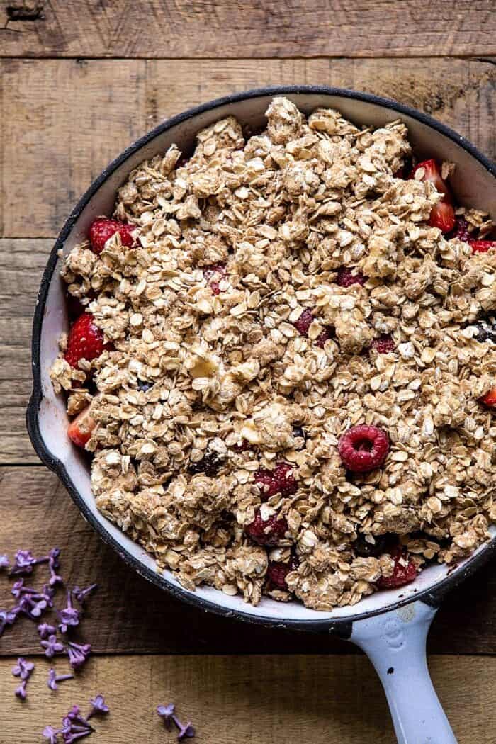 Buttery Cherry Berry Skillet Crisp in skillet before baking