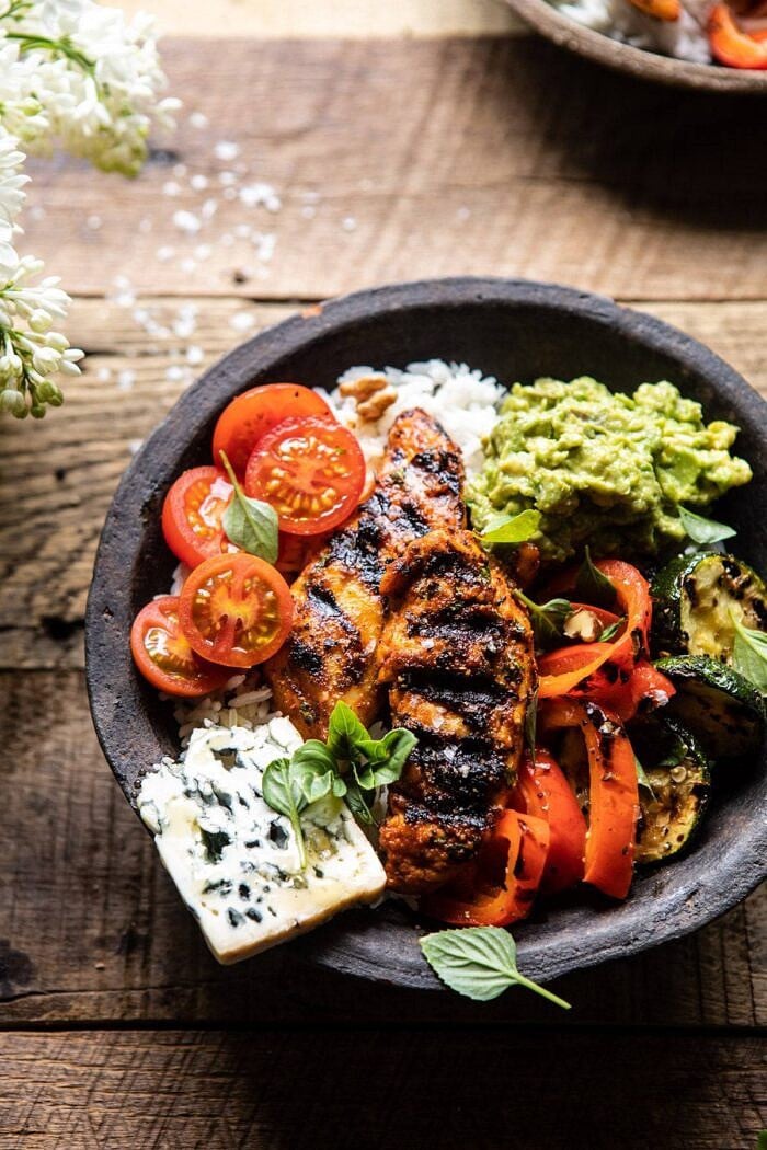 side angled close up photo of California Chicken, Veggie, Avocado and Rice Bowls