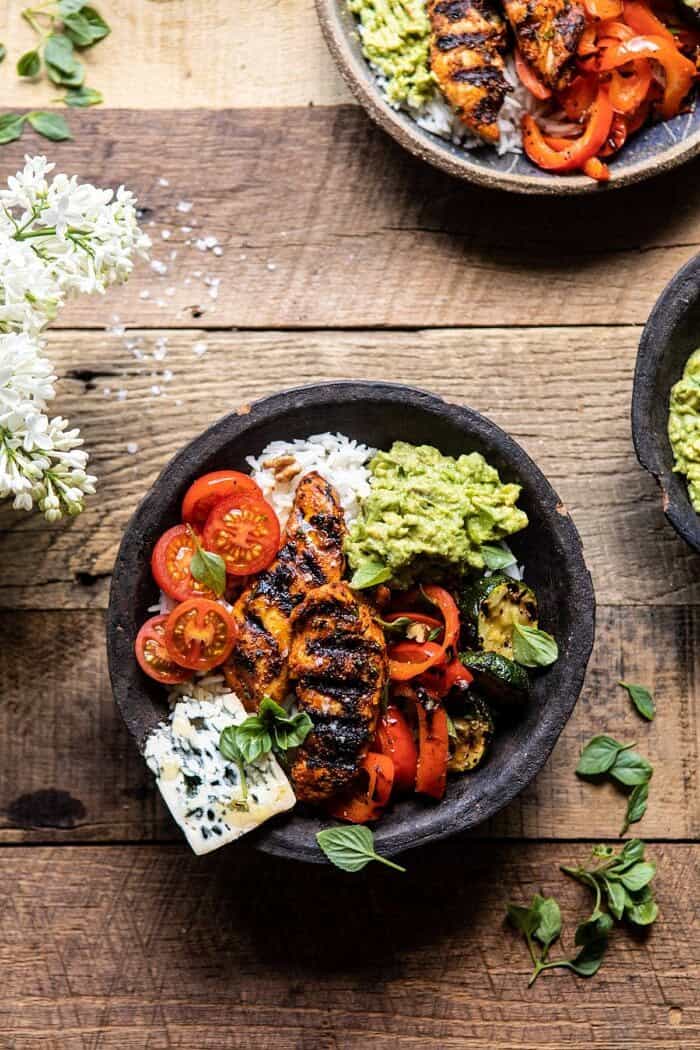 overhead photo of California Chicken, Veggie, Avocado and Rice Bowls 