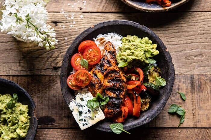 horizontal photo of California Chicken, Veggie, Avocado and Rice Bowls 