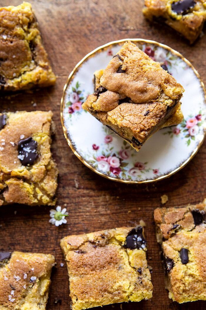 overhead close up photo of Crème Fraîche Chocolate Chunk Cookie Bar on plate