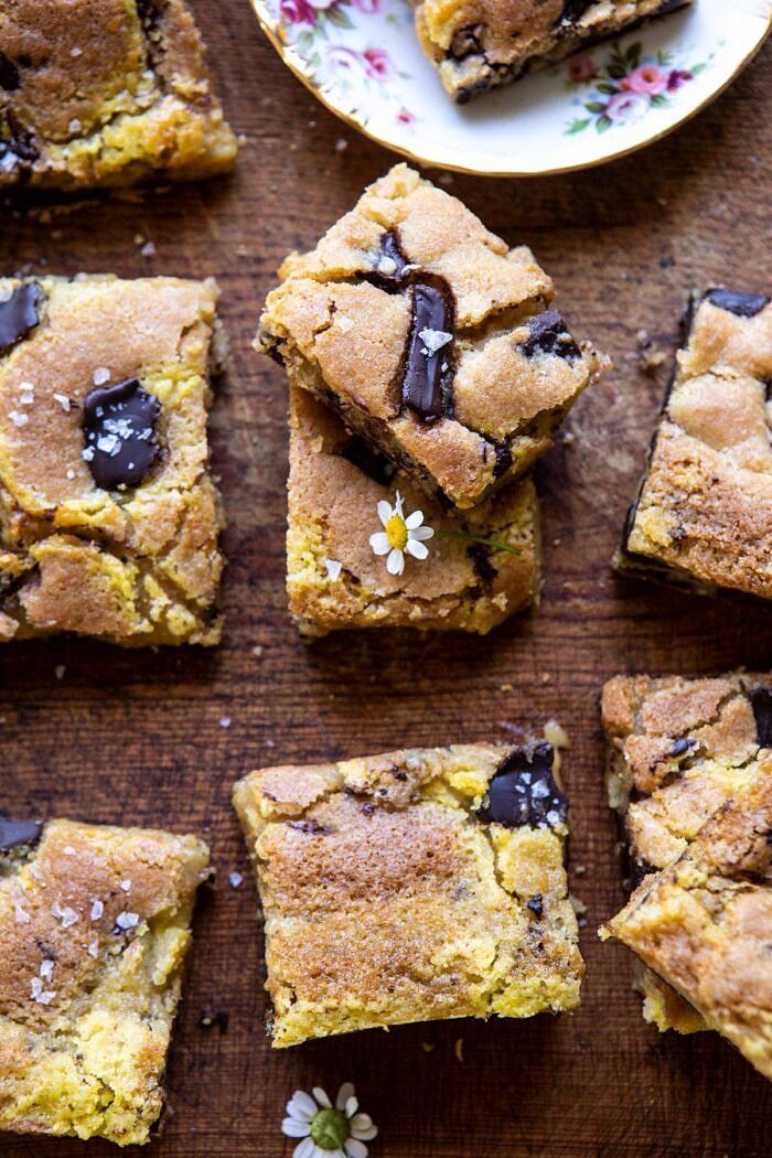 overhead close up photo of Crème Fraîche Chocolate Chunk Cookie Bars 